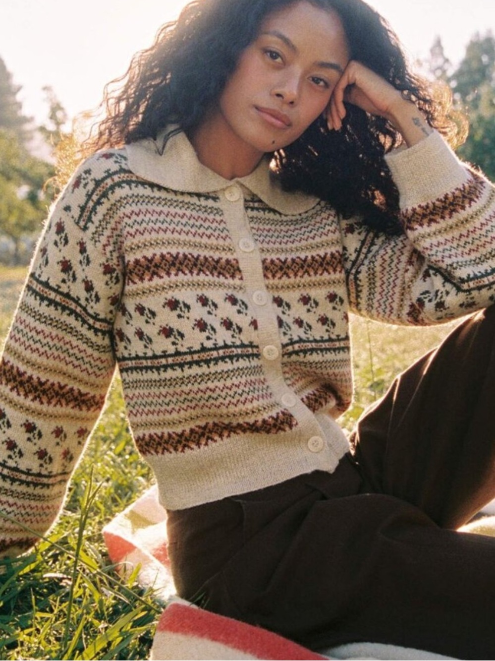 Christy Dawn Cream Fair Isle Button Cardigan with Red and Green Accents